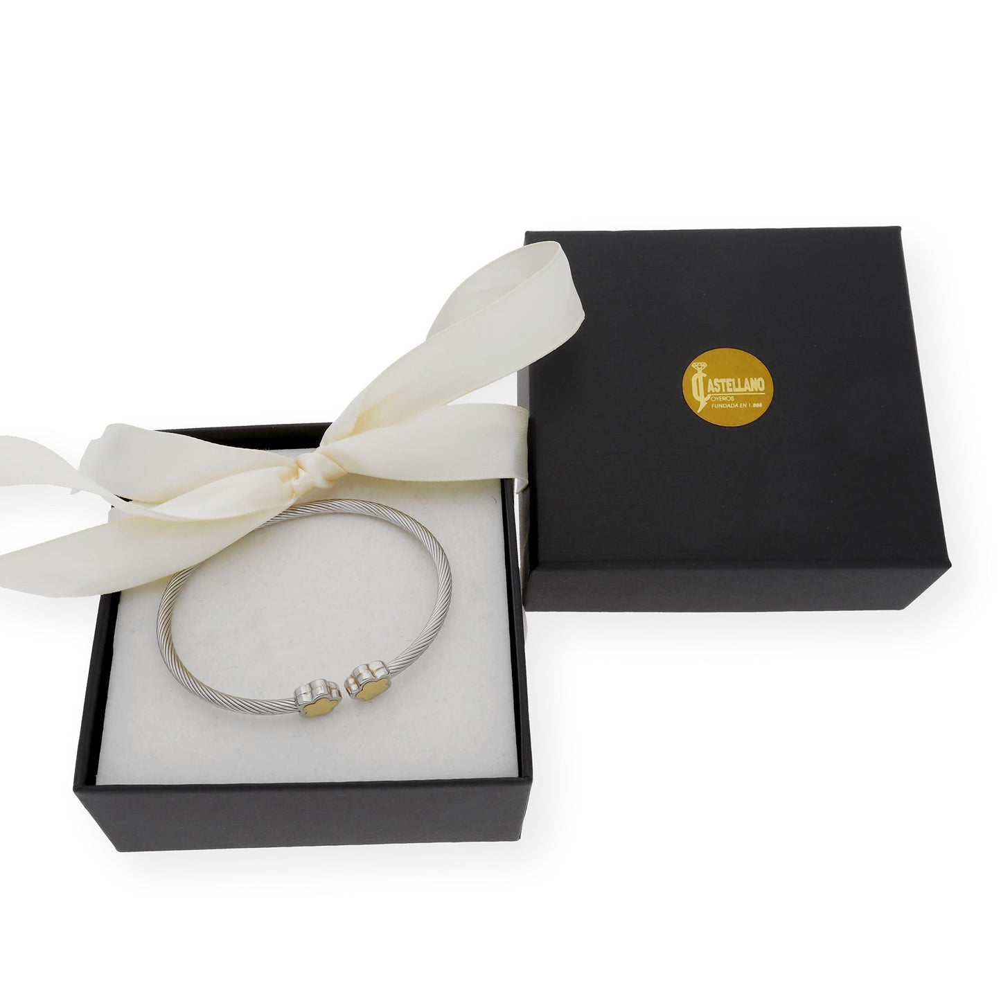 Pulsera Rígida en Acero con dos Flores en Oro de ley 18k
