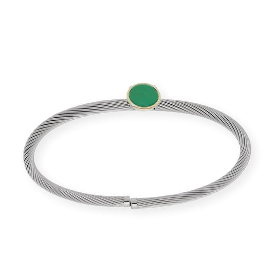 Pulsera Rígida en Acero con Piedra Verde y Filo en Oro de ley 18k