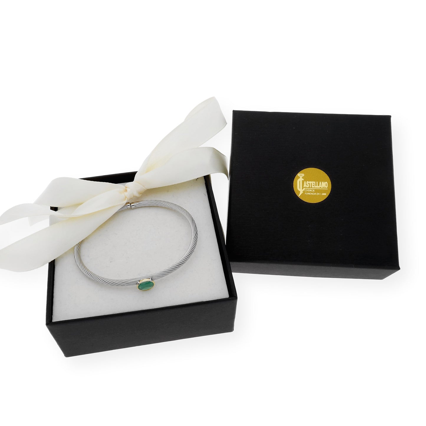 Pulsera Rígida en Acero con Piedra Verde y Filo en Oro de ley 18k