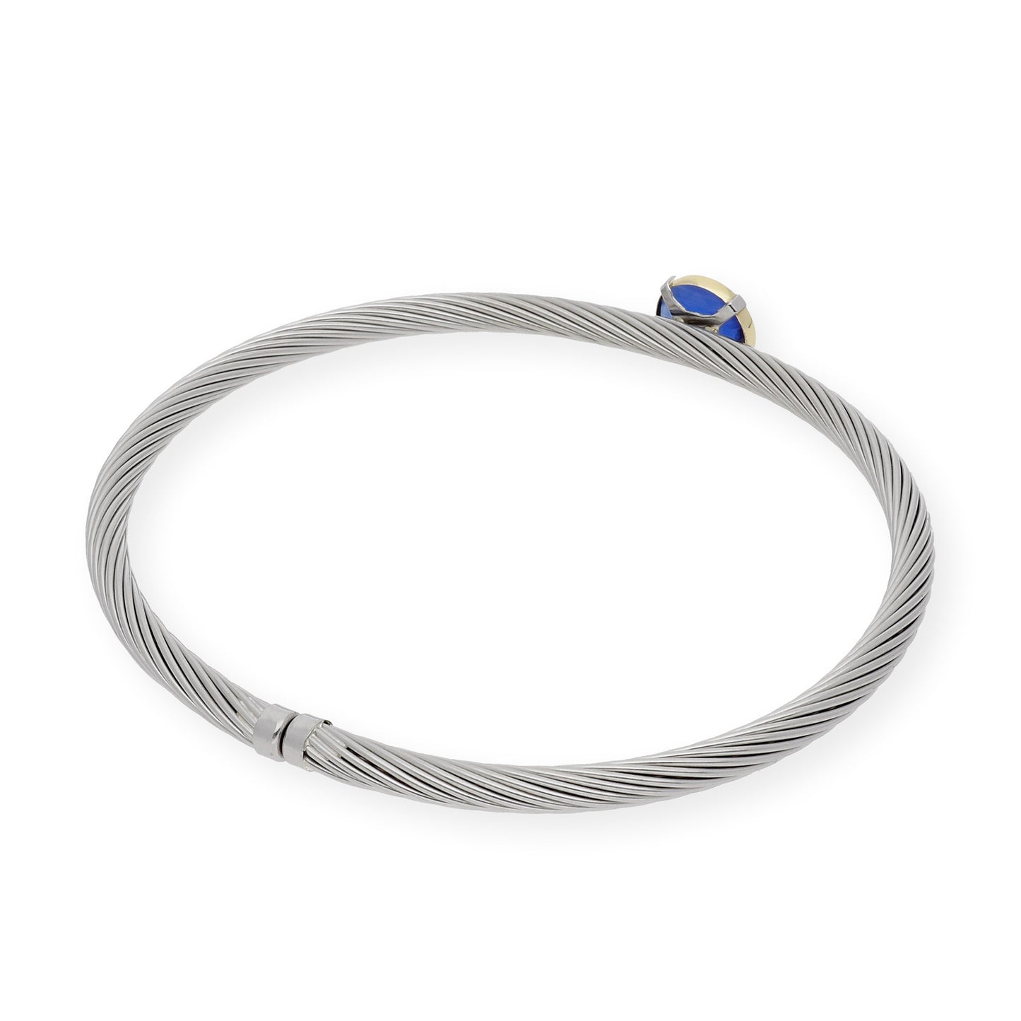 Pulsera Rígida de Acero con Piedra Azul y Filo en Oro de ley 18k
