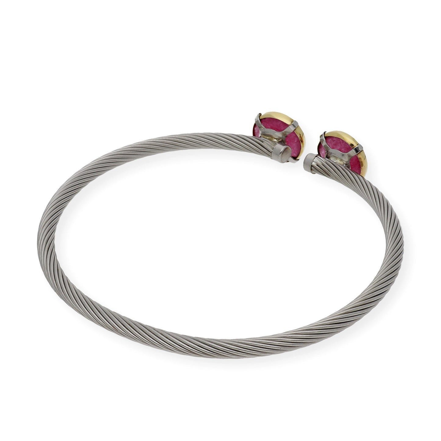 Pulsera Rígida de Acero con Piedra Roja y Filo en Oro de ley 18k