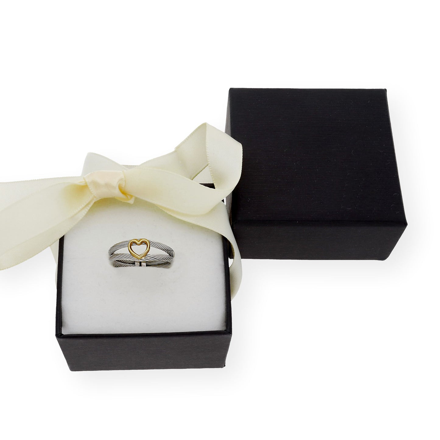 Anillo en Acero con Corazón Calado en Oro de ley 18k