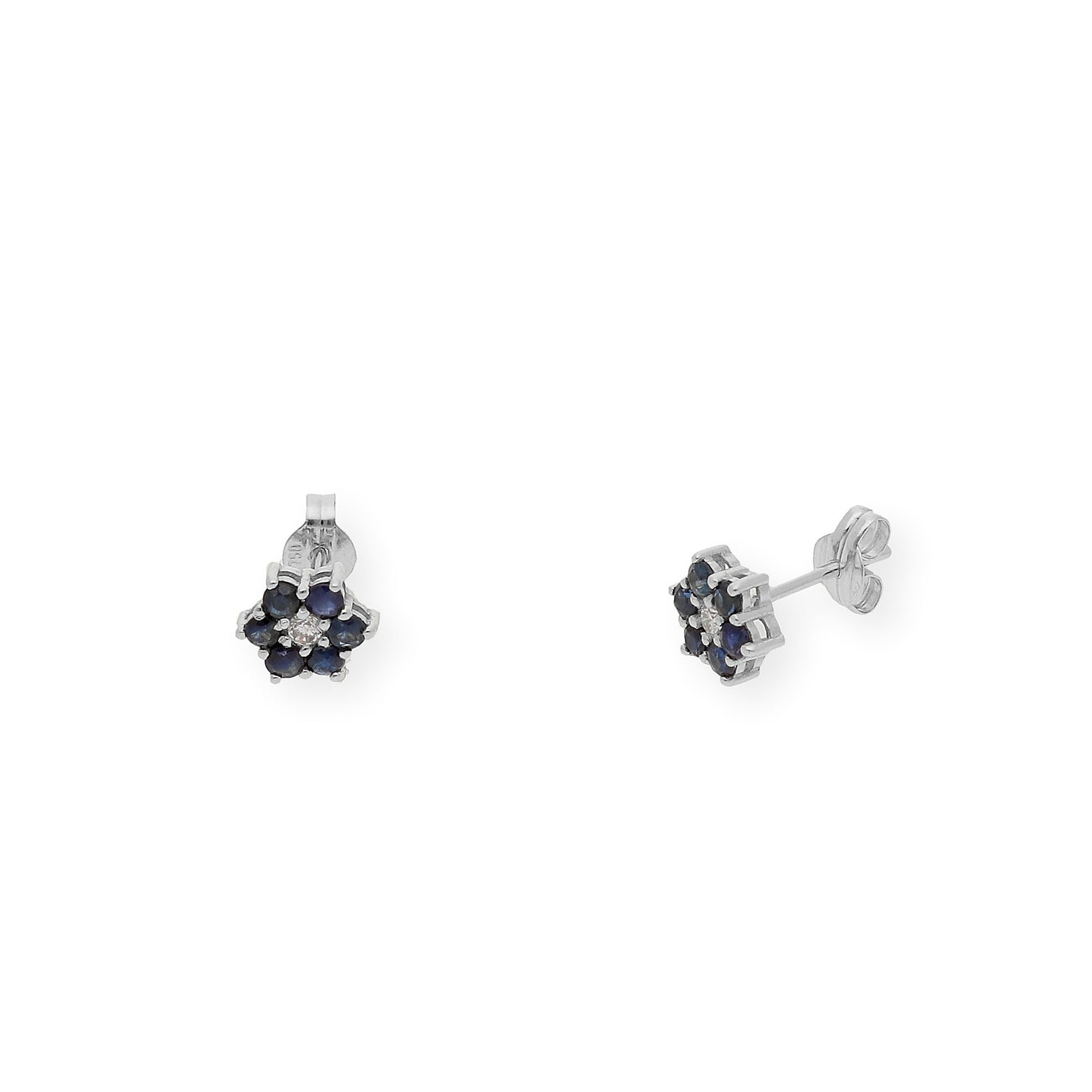Pendientes de Flor en Oro Blanco de Ley 18K con Zafiros y Diamante central