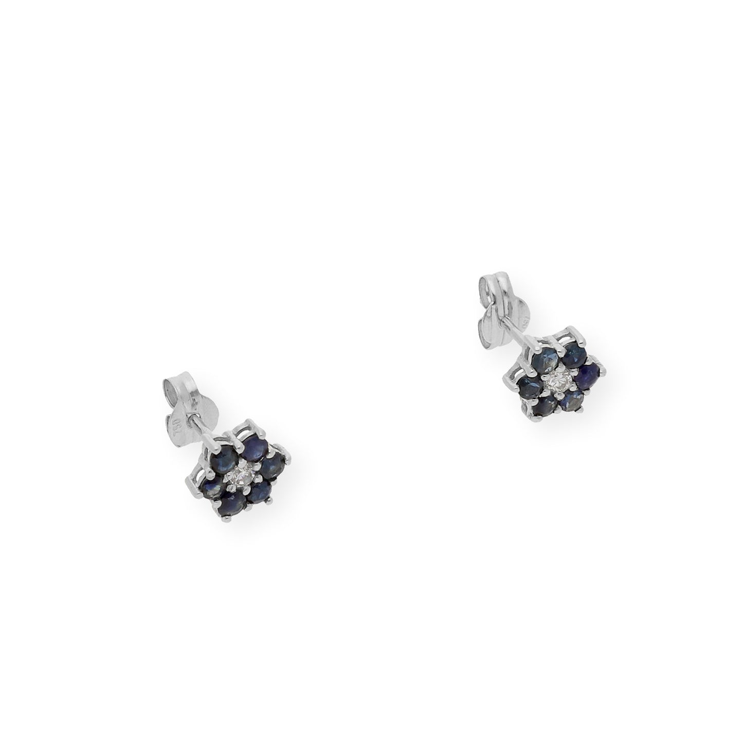 Pendientes de Flor en Oro Blanco de Ley 18K con Zafiros y Diamante central