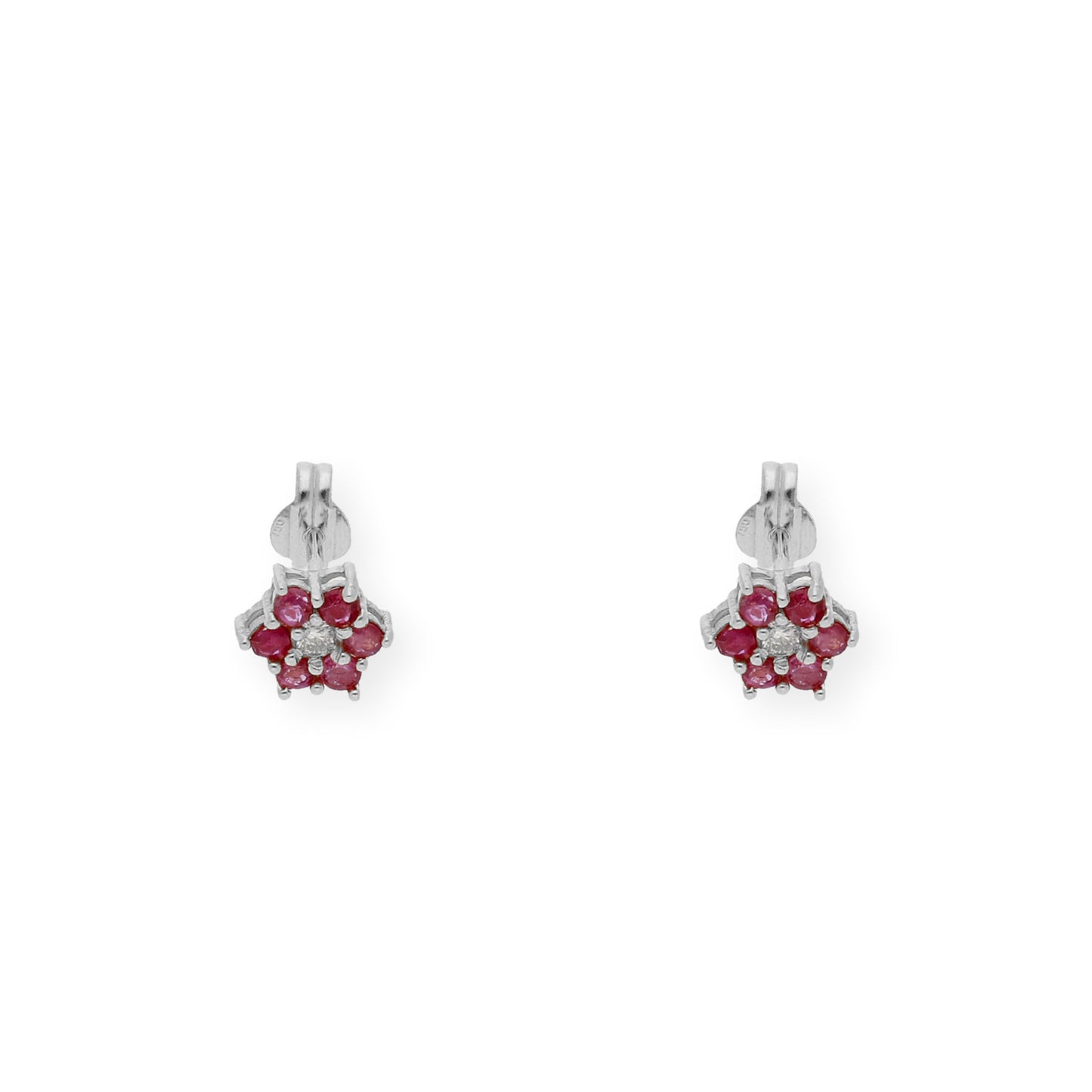 Pendientes de Flor en Oro Blanco de Ley 18K con Rubíes y Diamante central