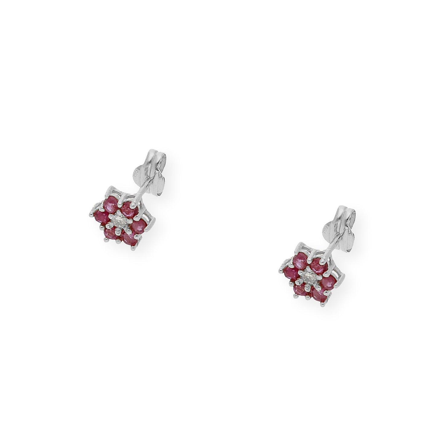 Pendientes de Flor en Oro Blanco de Ley 18K con Rubíes y Diamante central
