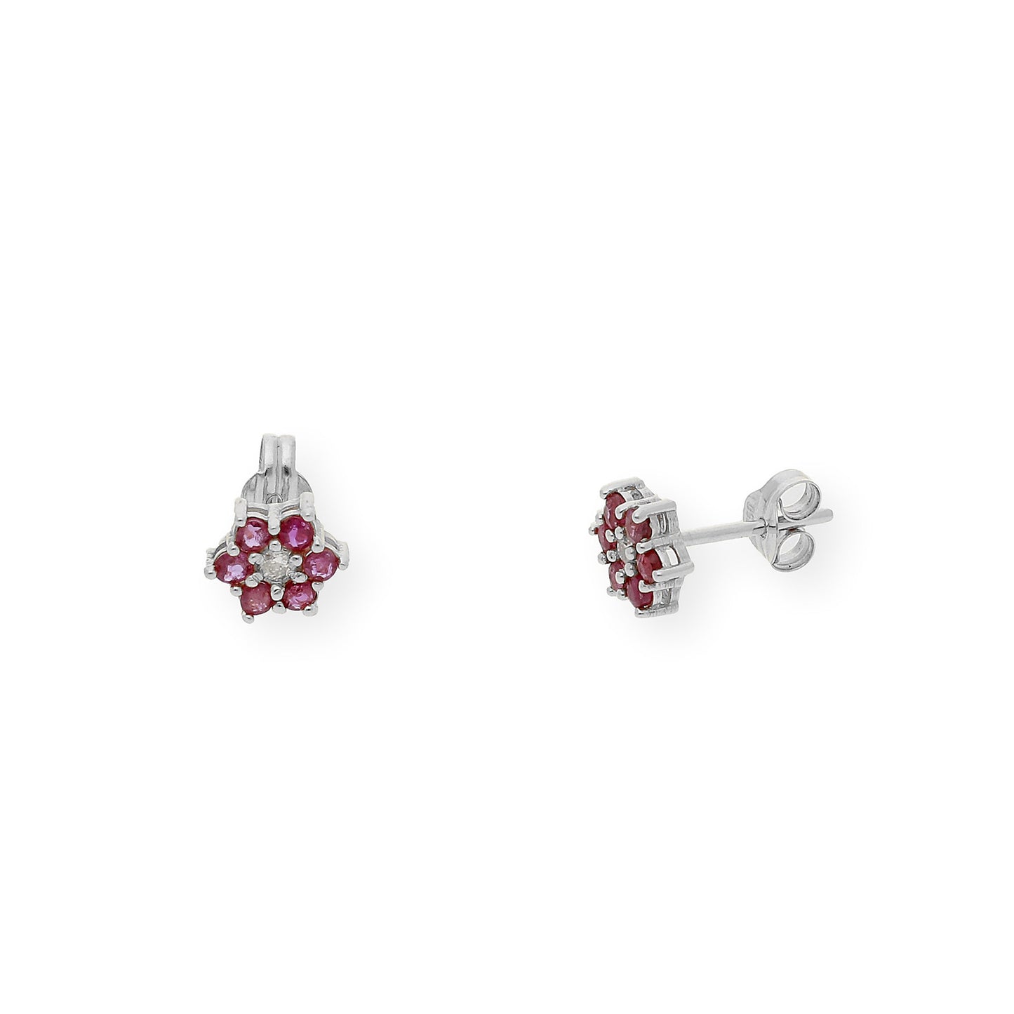 Pendientes de Flor en Oro Blanco de Ley 18K con Rubíes y Diamante central