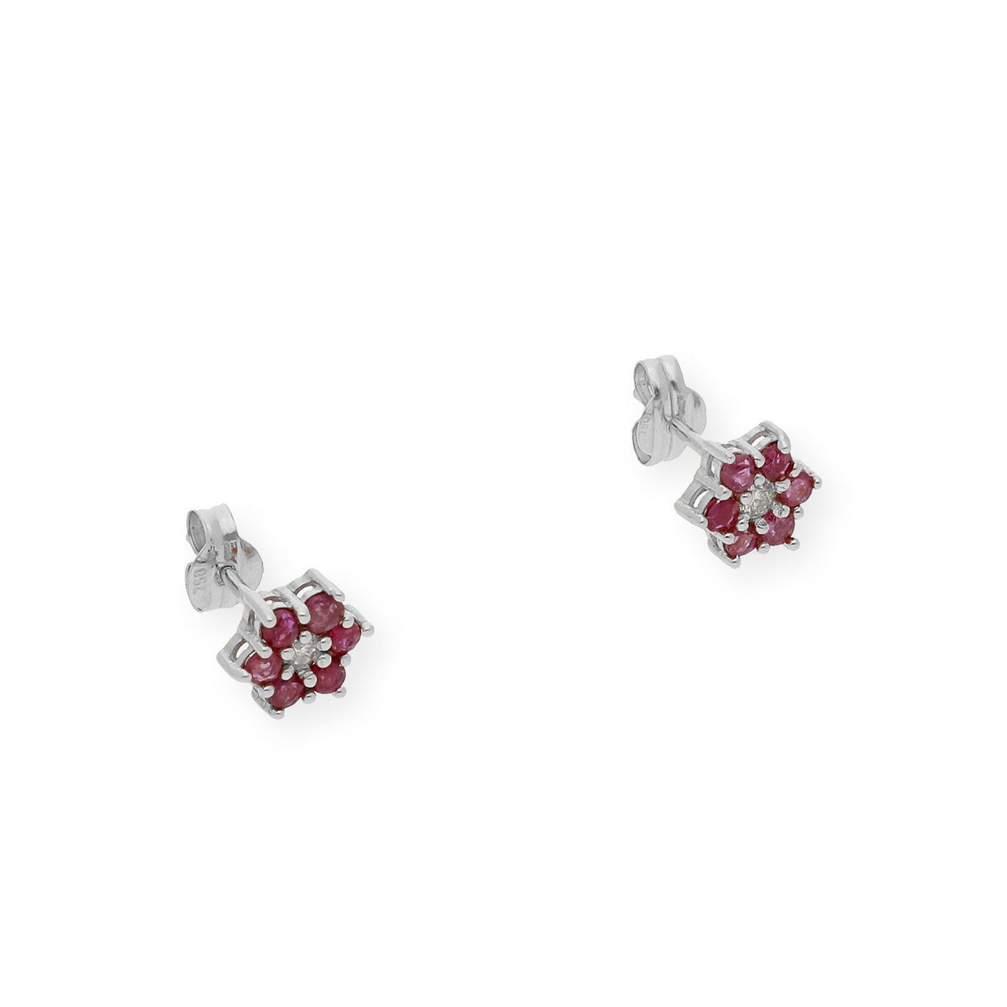 Pendientes de Flor en Oro Blanco de Ley 18K con Rubíes y Diamante central