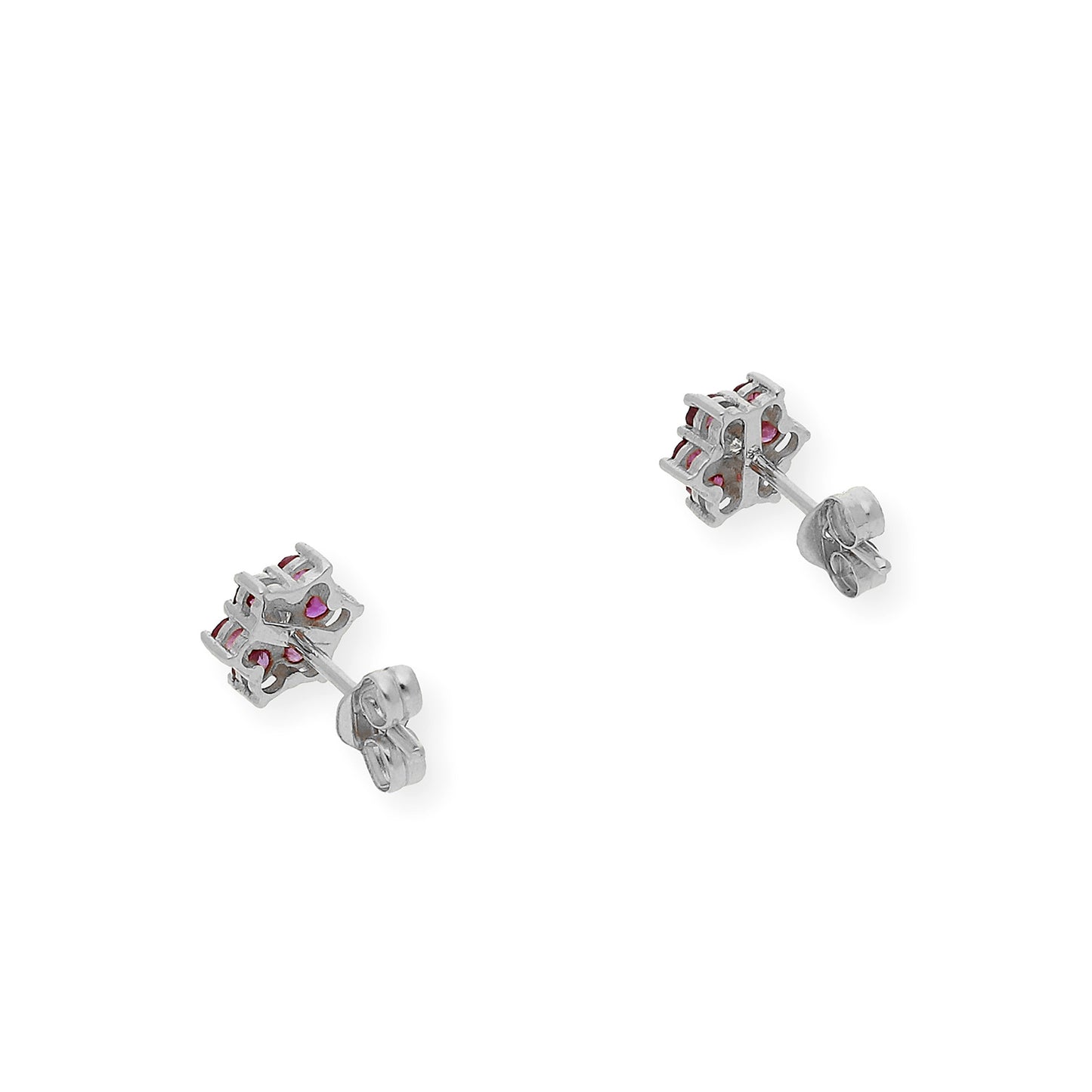 Pendientes de Flor en Oro Blanco de Ley 18K con Rubíes y Diamante central