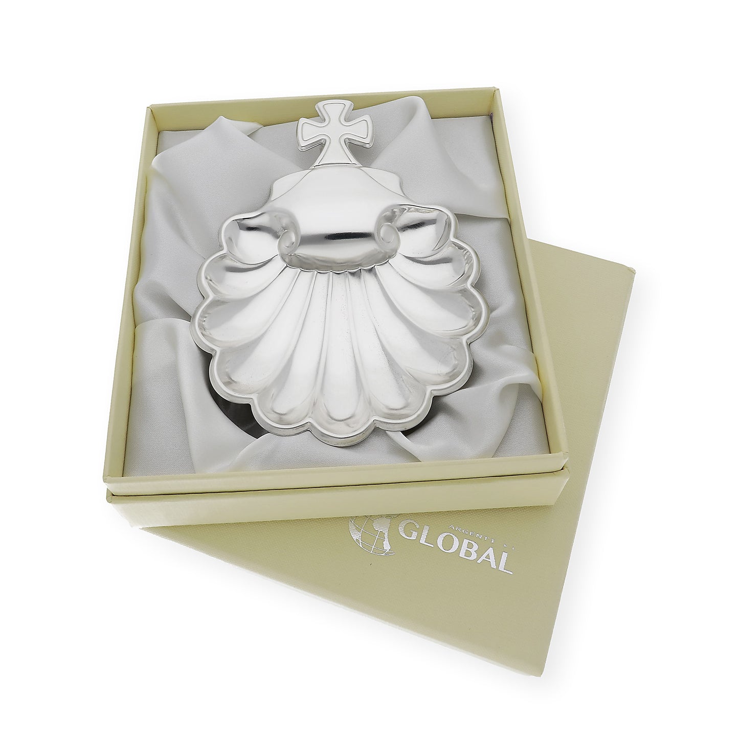 Concha de bautismo en alpaca plateada "Cruz"