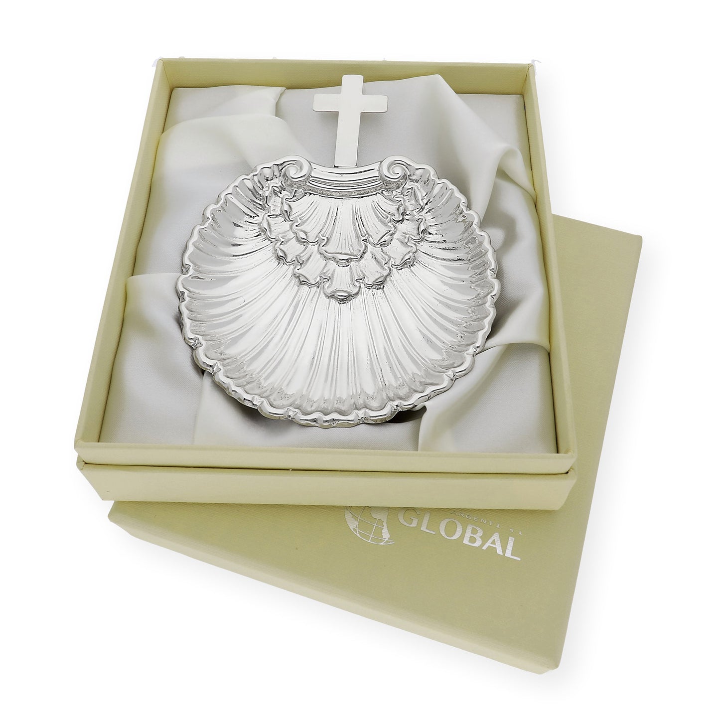 Concha de bautismo en alpaca plateada gallonada "Cruz"