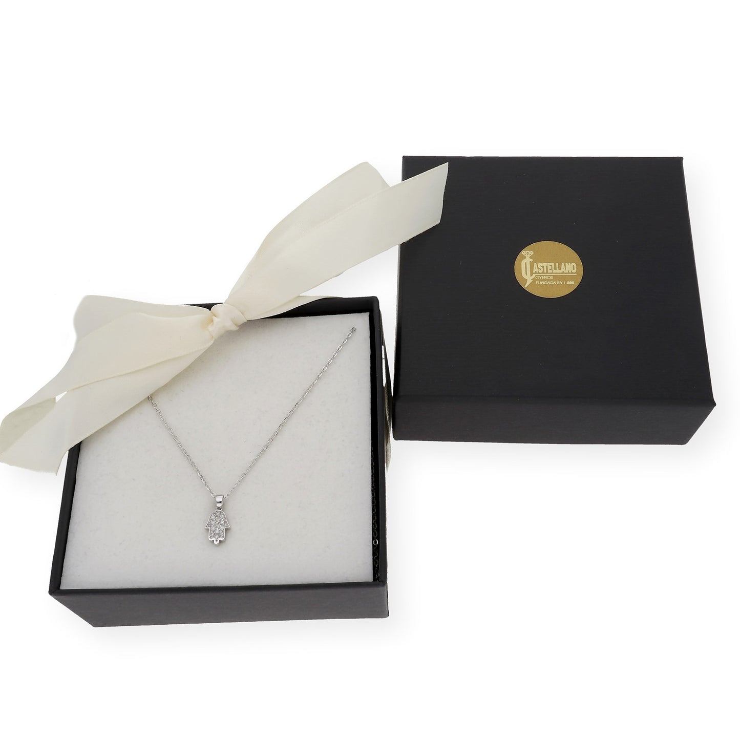 Collar con Colgante Mano de Fátima Oro Blanco y Diamantes