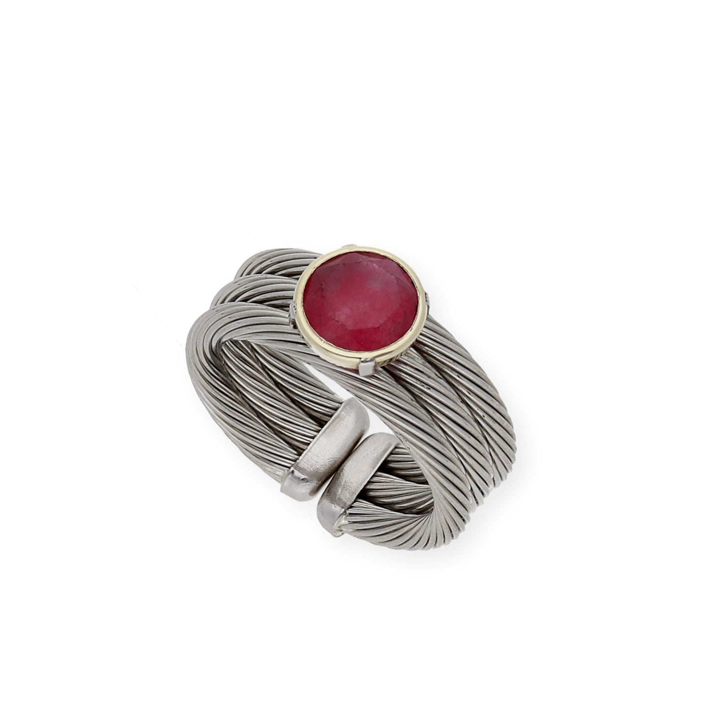Anillo Acero con Piedra de Color Roja y Filo en Oro de ley 18k