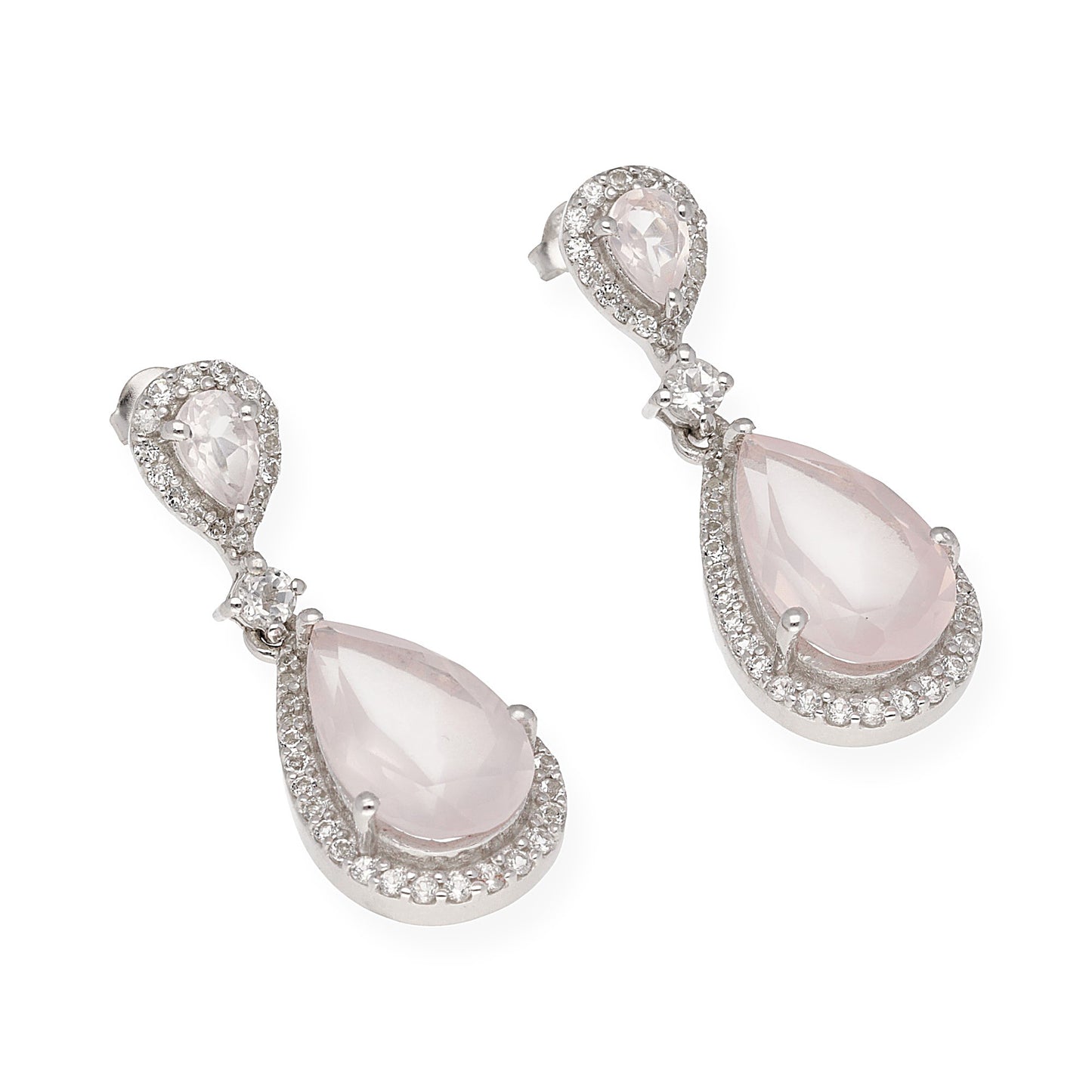 Pendientes Gala en plata de ley 925 con Cuarzos Rosa y circonitas