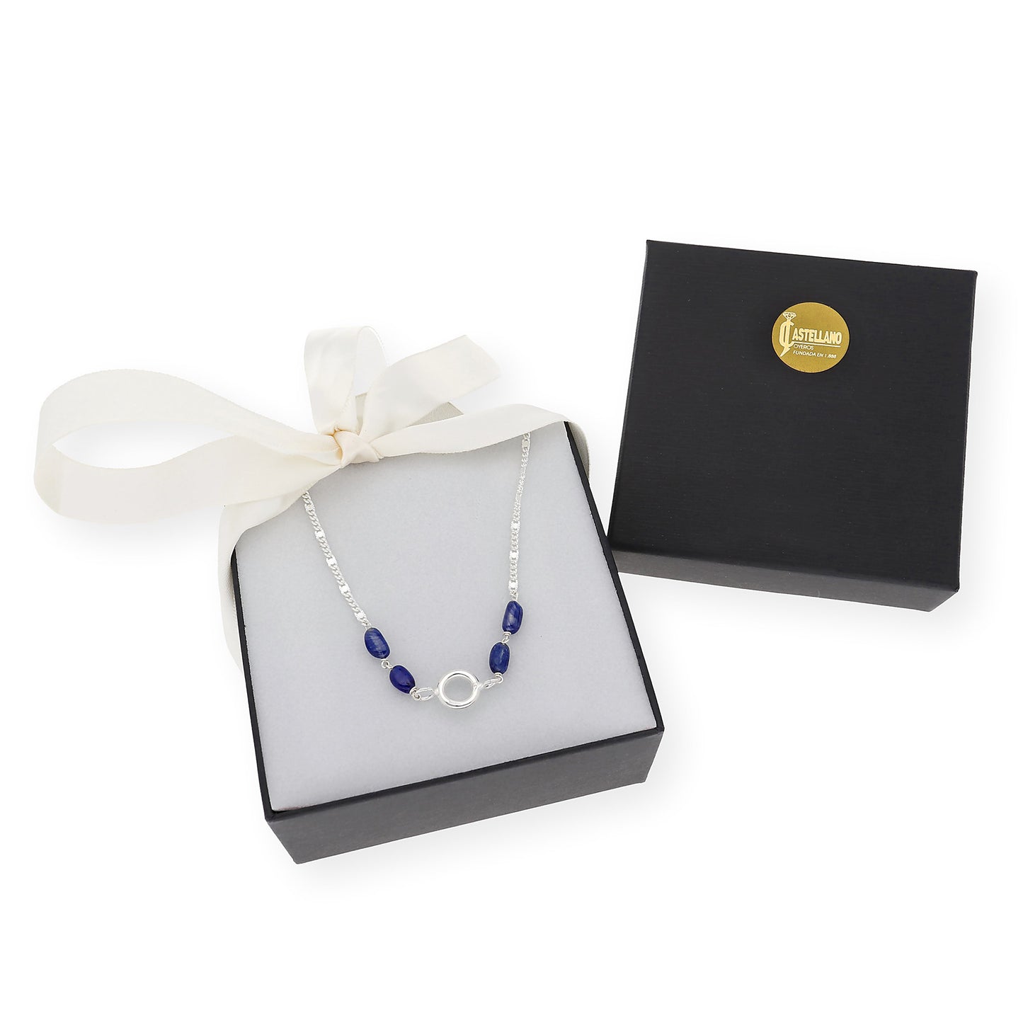Gargantilla en plata de ley 925 con Zafiros cabuchón y colgante esférico