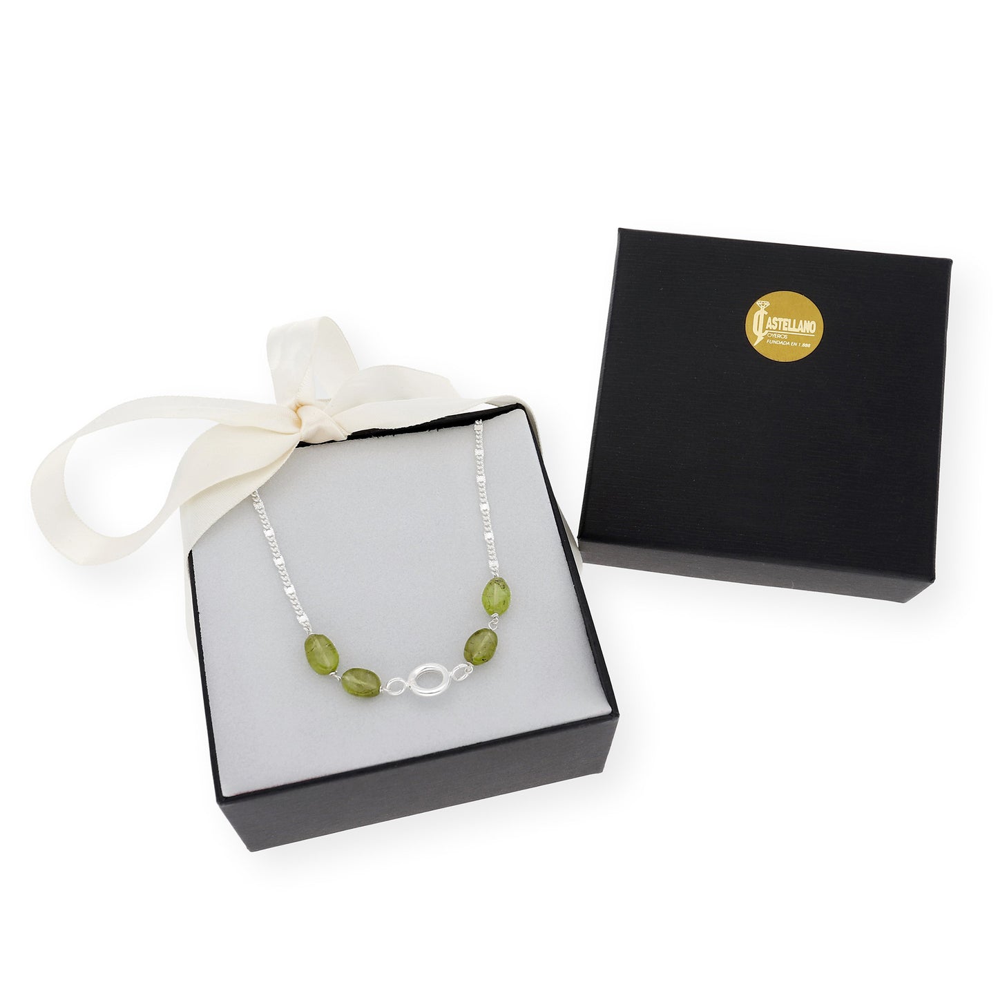 Gargantilla en plata de ley 925 con Olivinas y colgante esférico