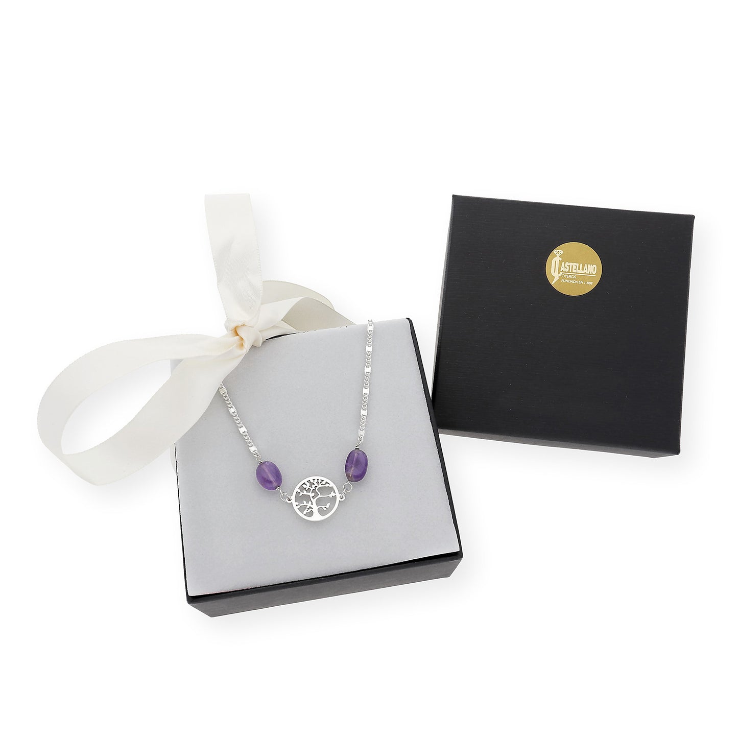 Gargantilla en plata de ley 925 con Amatistas y colgante Árbol de la vida