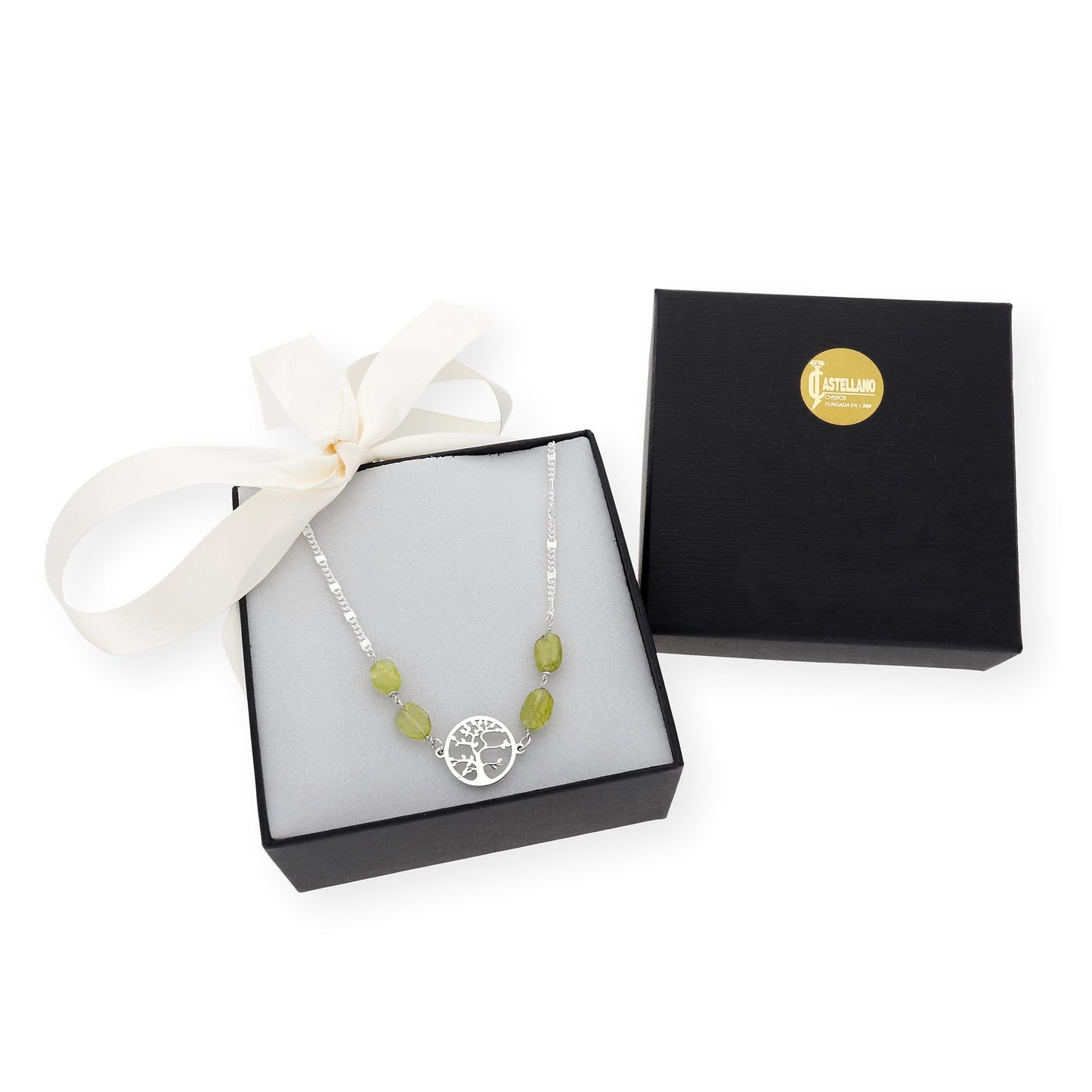 Gargantilla en plata de ley 925 con Olivinas y colgante Árbol de la vida