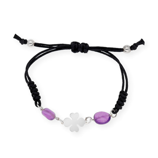 Pulsera plata de ley 925 macramé trébol con Amatista
