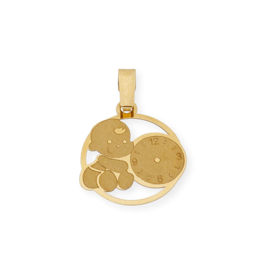 Medalla de Bebé Diseño Niño con Reloj en Oro de Ley 18k