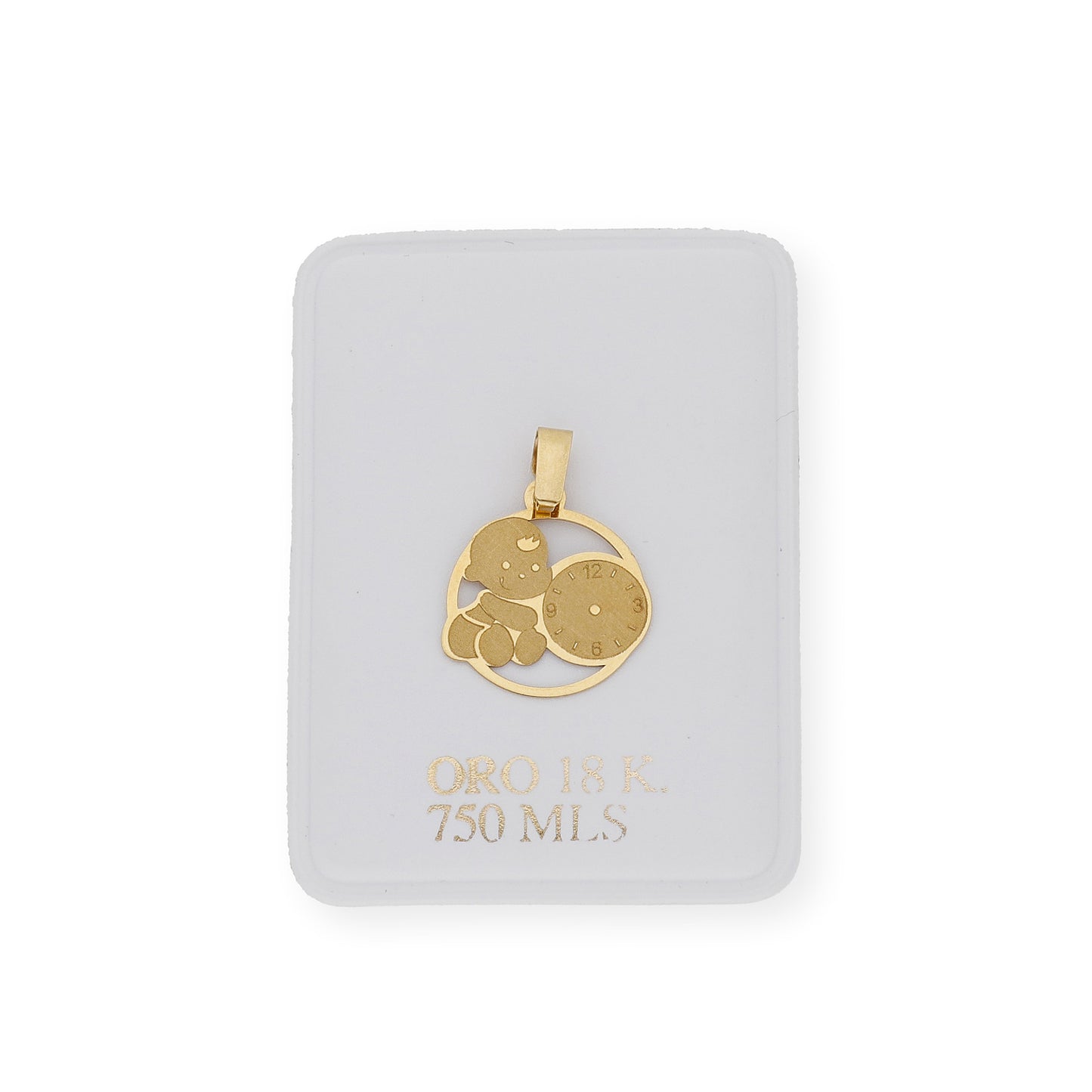 Medalla de Bebé Diseño Niño con Reloj en Oro de Ley 18k