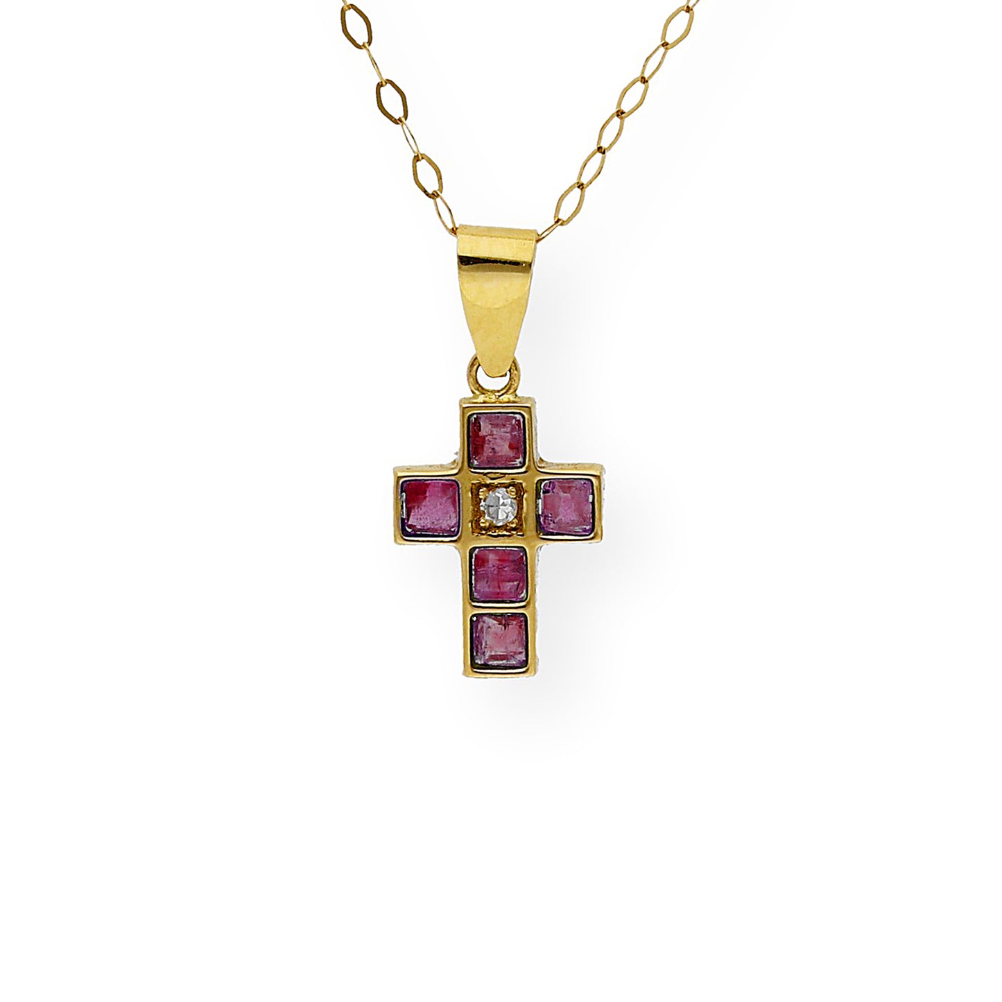 Collar con Colgante de Cruz con Diamante y Rubíes en Oro 18k