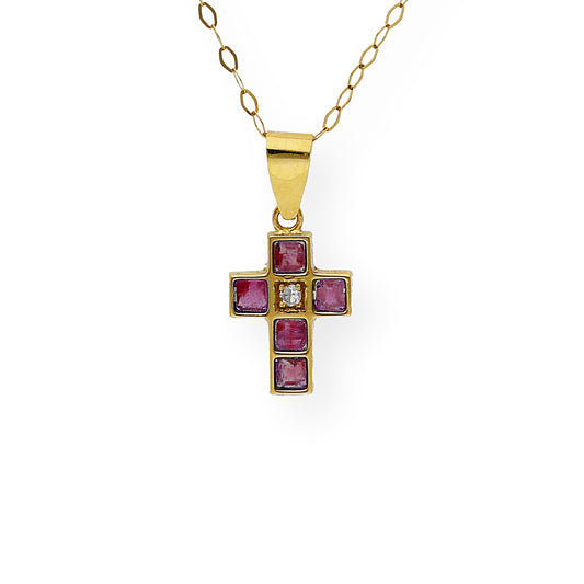 Collar con Colgante de Cruz con Diamante y Rubíes en Oro 18k
