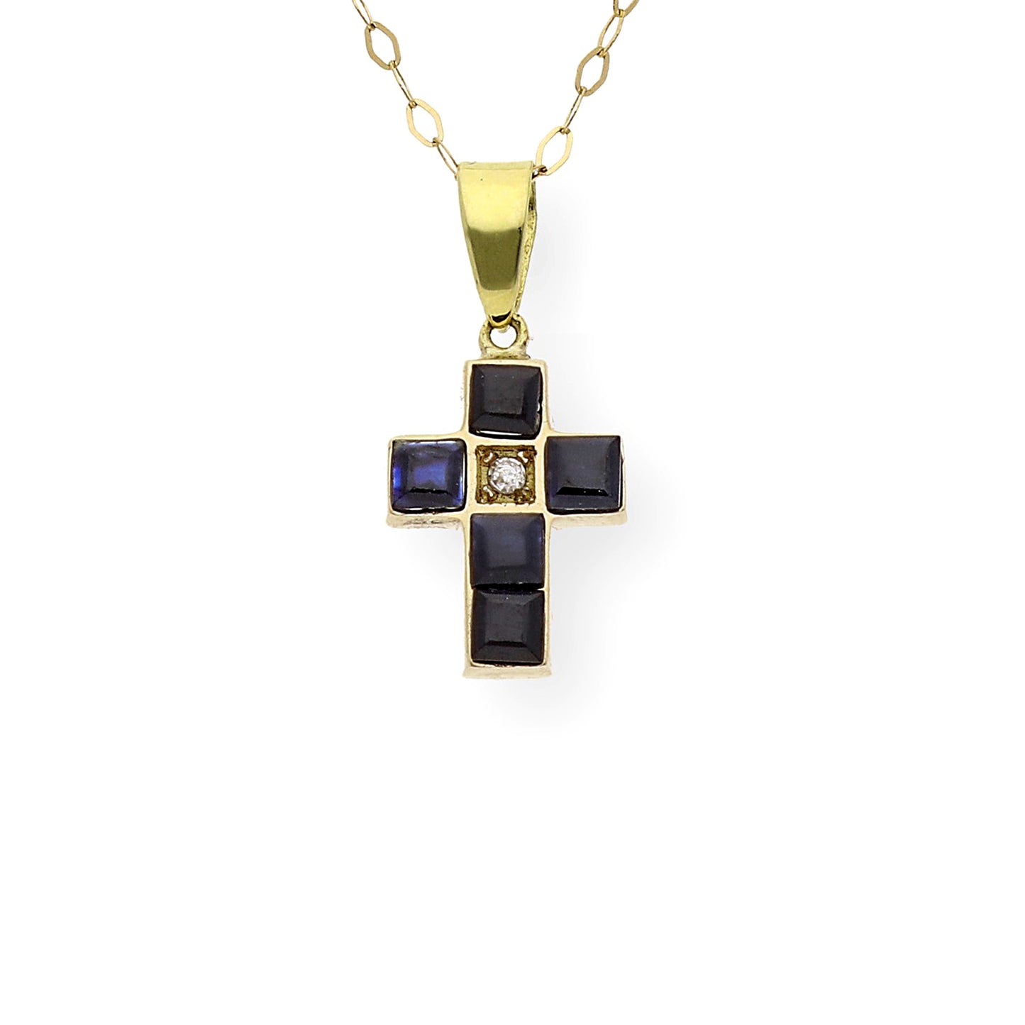 Collar con Colgante de Cruz con Diamante y Zafiros en Oro 18k