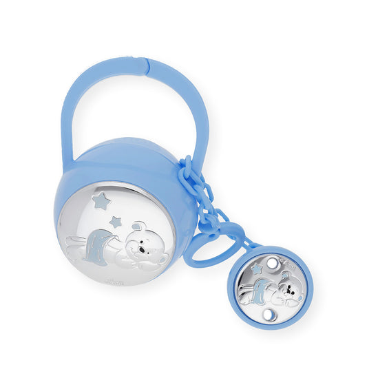 Set Pinza con Porta Chupete oso Tumbado de Color Azul