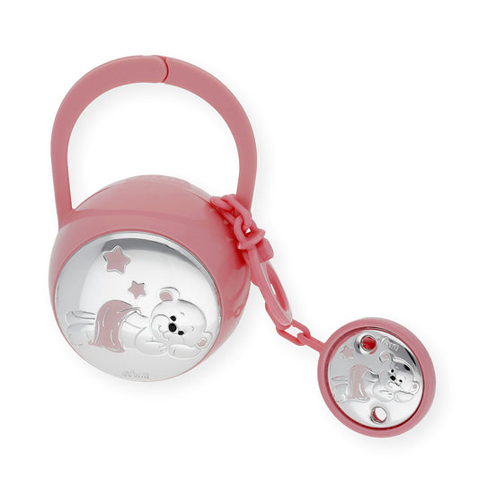 Set Pinza con Porta Chupete oso Tumbado de Color Rosa