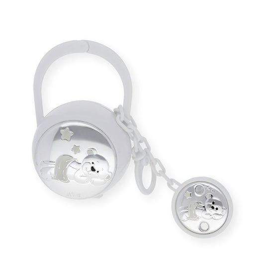 Set Pinza con Porta Chupete oso Tumbado de Color Blanco