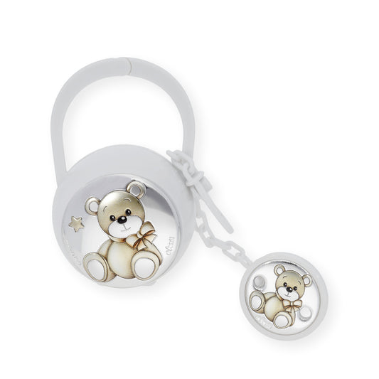 Set Pinza con Porta Chupete Oso Sentado de Color Blanco