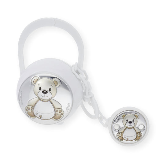 Set Pinza con Porta Chupete Oso de Color Blanco