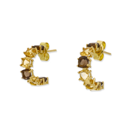 Pendientes Apex Medio Aro en Oro de Ley 18K con Cuarzo Fumé y Citrino
