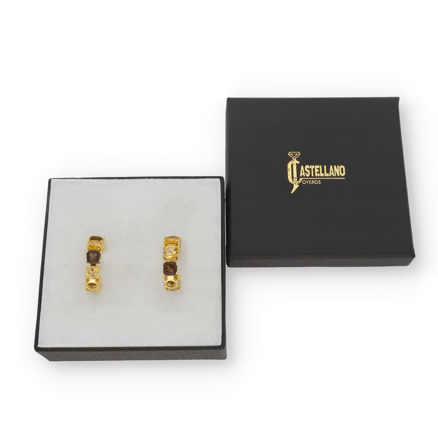 Pendientes Apex Medio Aro en Oro de Ley 18K con Cuarzo Fumé y Citrino