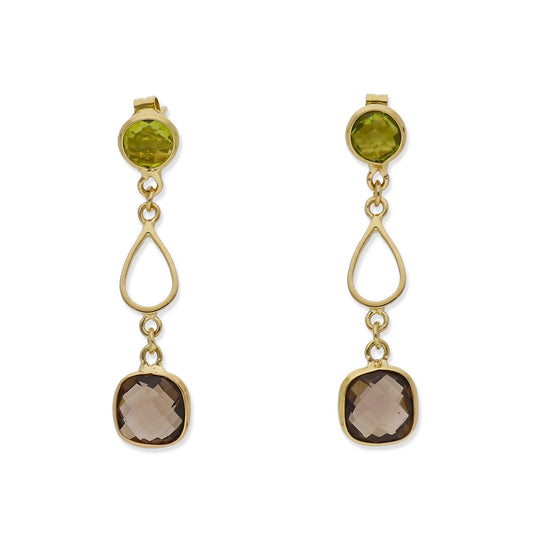 Pendientes Rive en Oro de Ley 18K con Cuarzo Fumé y Peridoto