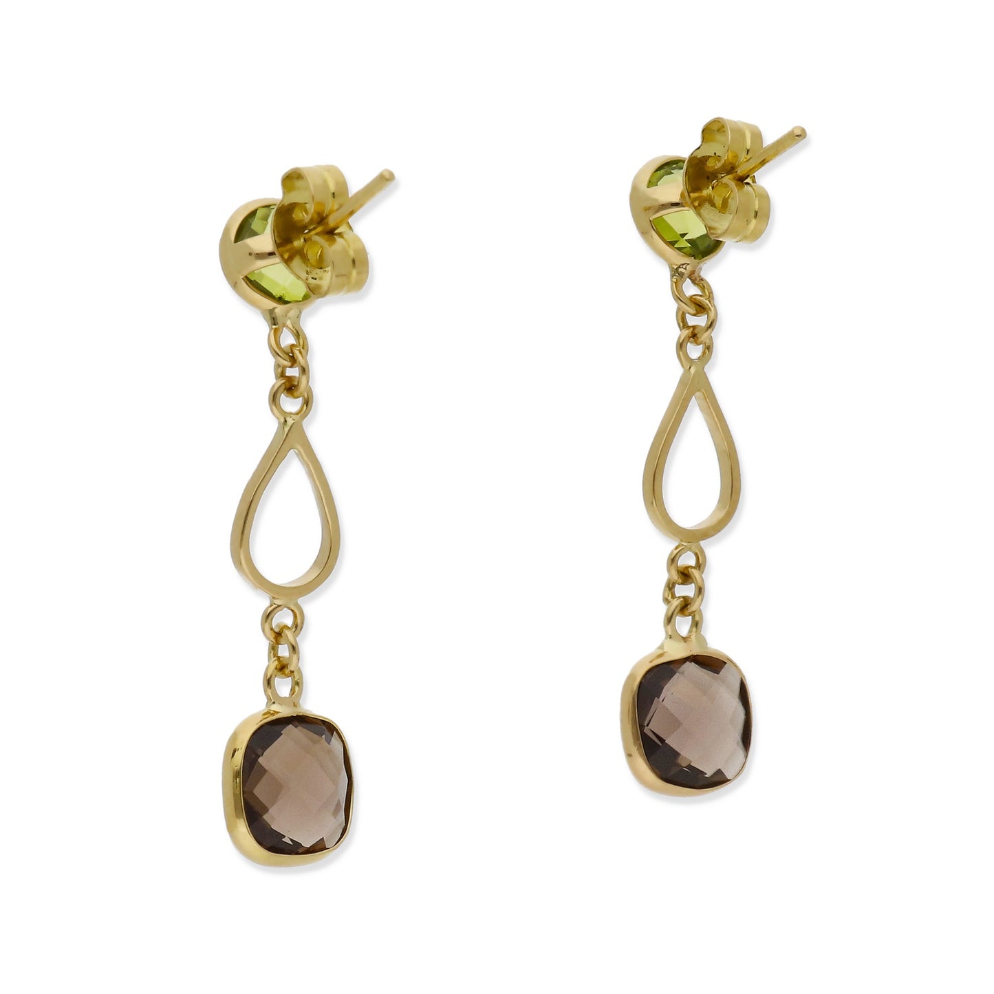 Pendientes Rive en Oro de Ley 18K con Cuarzo Fumé y Peridoto