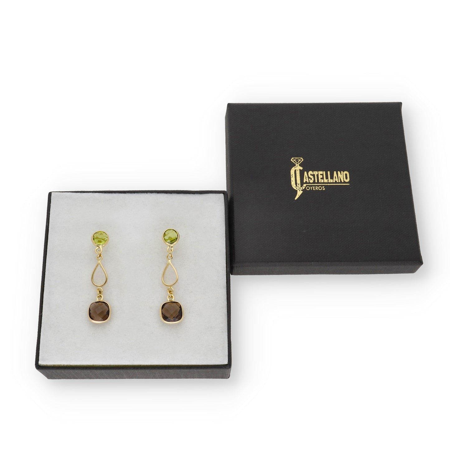 Pendientes Rive en Oro de Ley 18K con Cuarzo Fumé y Peridoto