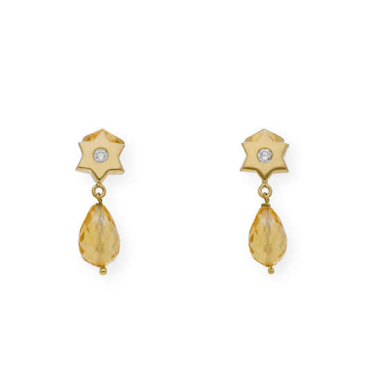 Pendientes Star Oro Amarillo 18K con Diamantes y Cuarzo Citrinos