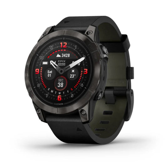 Reloj Garmin epix PRO (Gen 2) Sapphire | 47mm Titanio DLC Gris Carbón con correa de cuero 010-02803-30