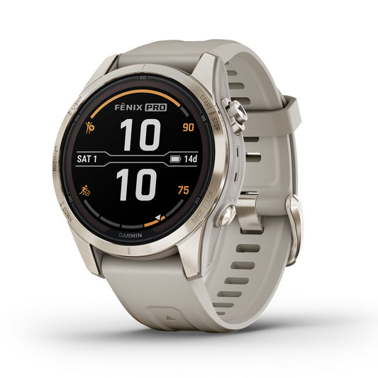 Reloj Garmin Fenix 7S PRO Sapphire Solar Dorado con correa beige 010-02776-15