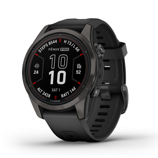 Reloj Garmin Fenix 7S PRO Sapphire Solar Titanio gris carbón con correa negra 010-02776-11