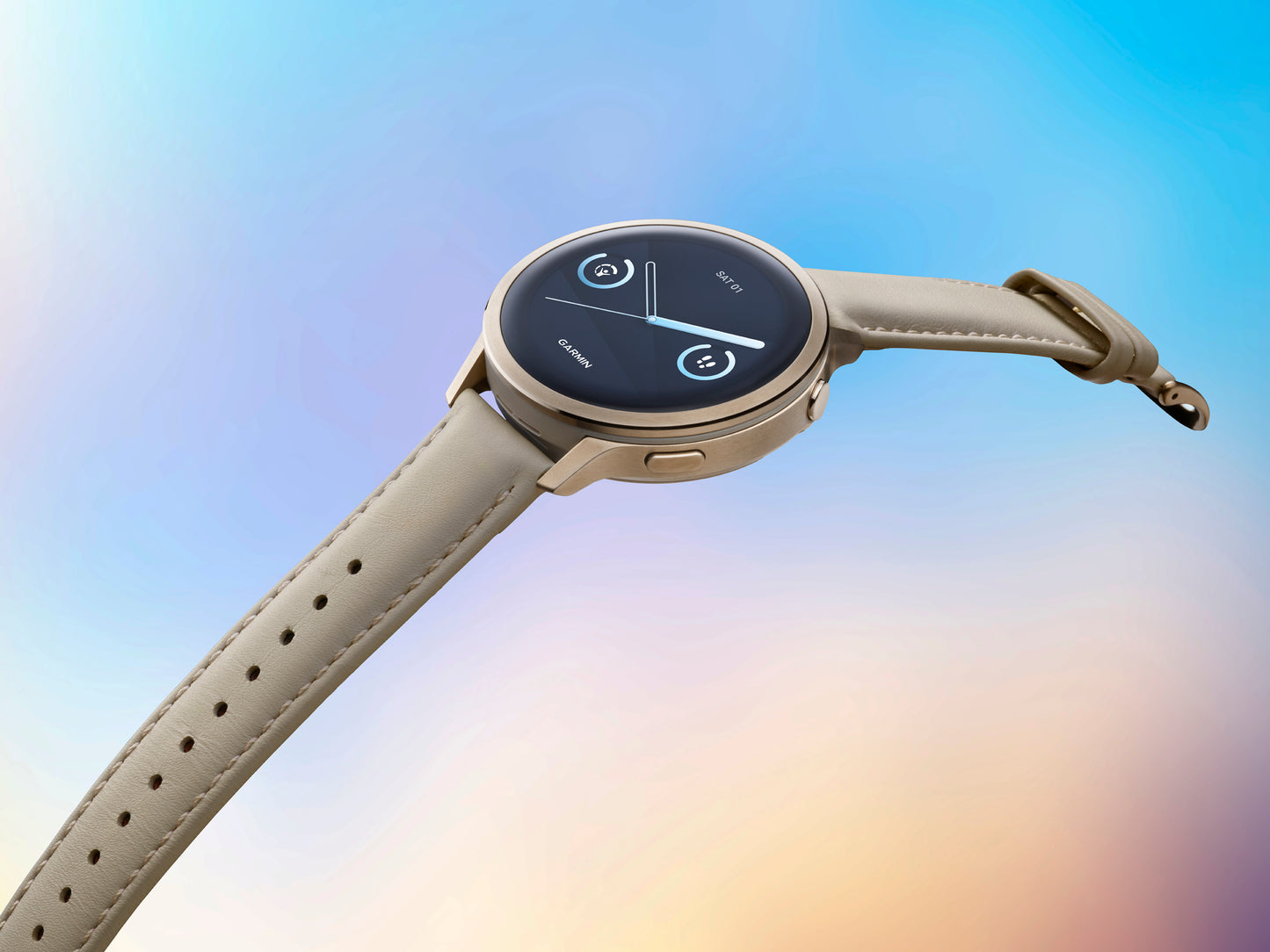 Reloj Garmin Venu® 4 - 41 mm Bisel Plateado con Correa de Cuero Beige 010-03013-03