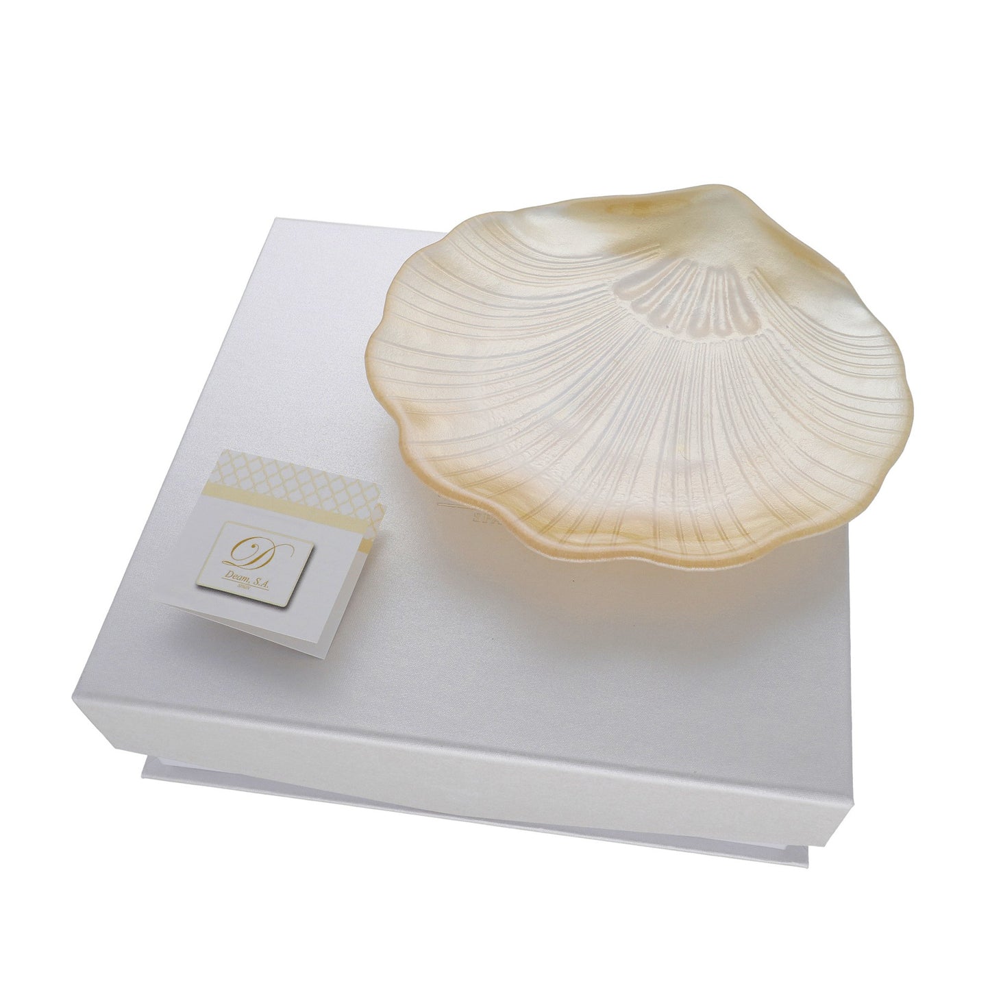 Concha de Bautismo Cristal Nacarado Color Beige y Bilaminada Plata