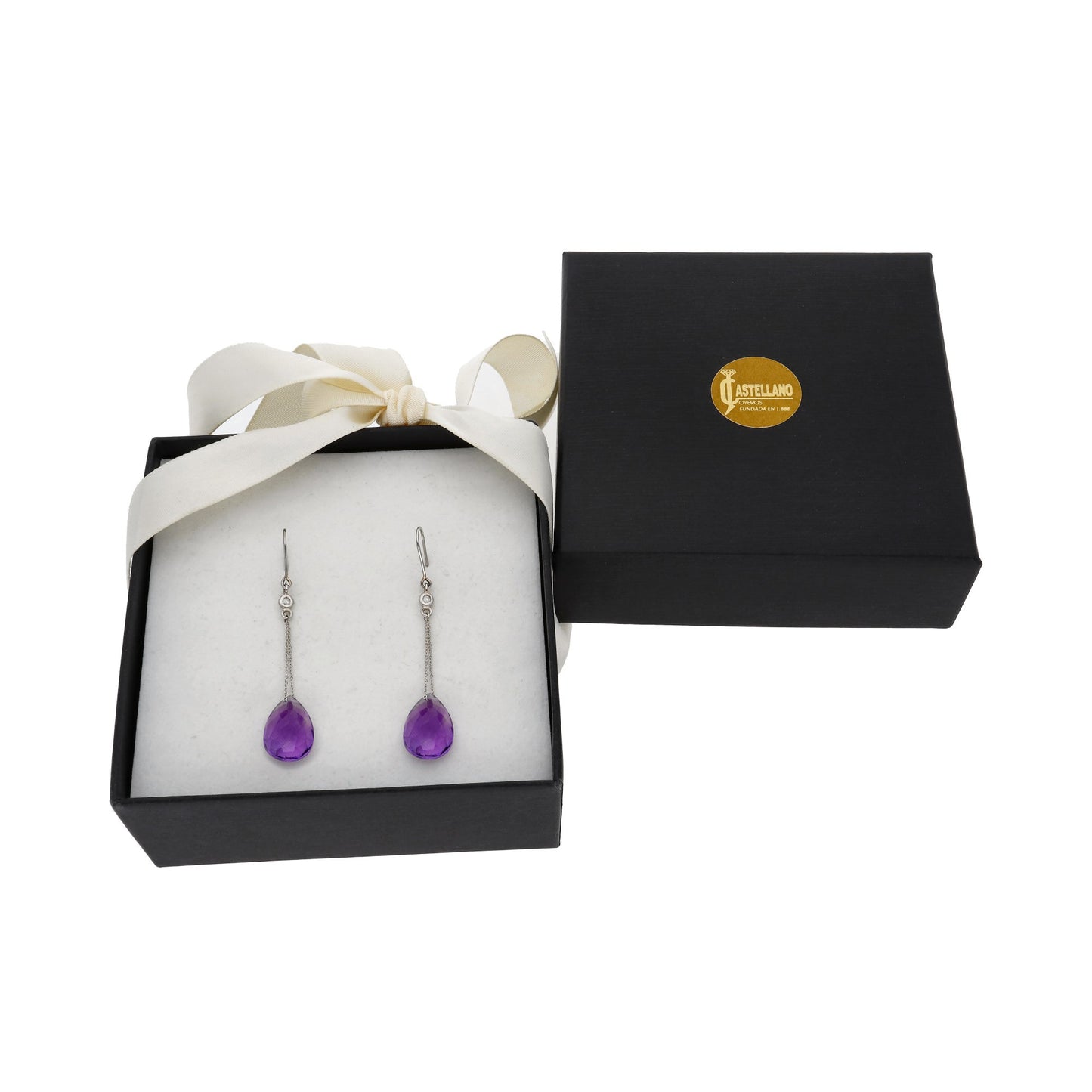 Pendientes Azalea de Oro Blanco con Diamantes y Amatistas