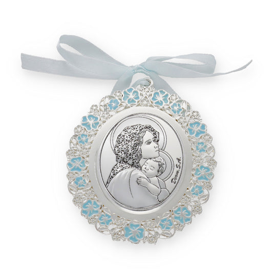 Medalla de Cuna Baño de Plata con esmaltado Azul Virgen y Niño