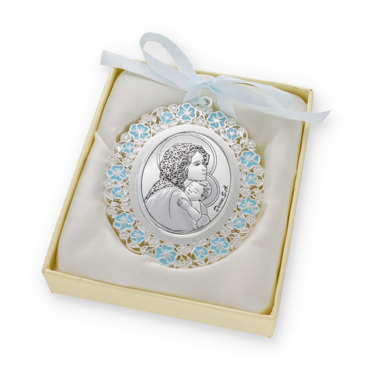 Medalla de Cuna Baño de Plata con esmaltado Azul Virgen y Niño