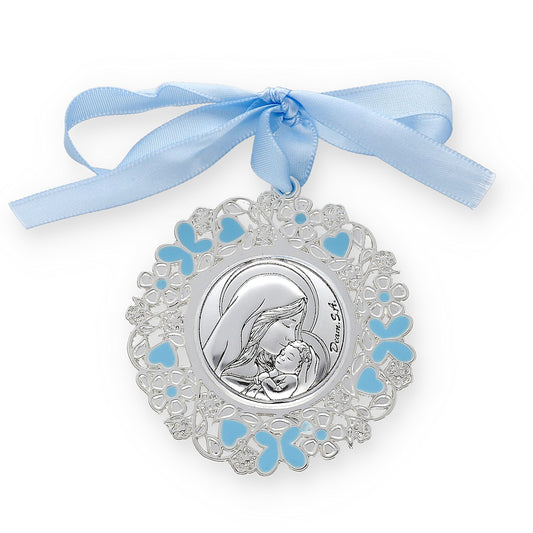 Medalla de Cuna Baño de Plata con esmaltado Azul Virgen con Niño