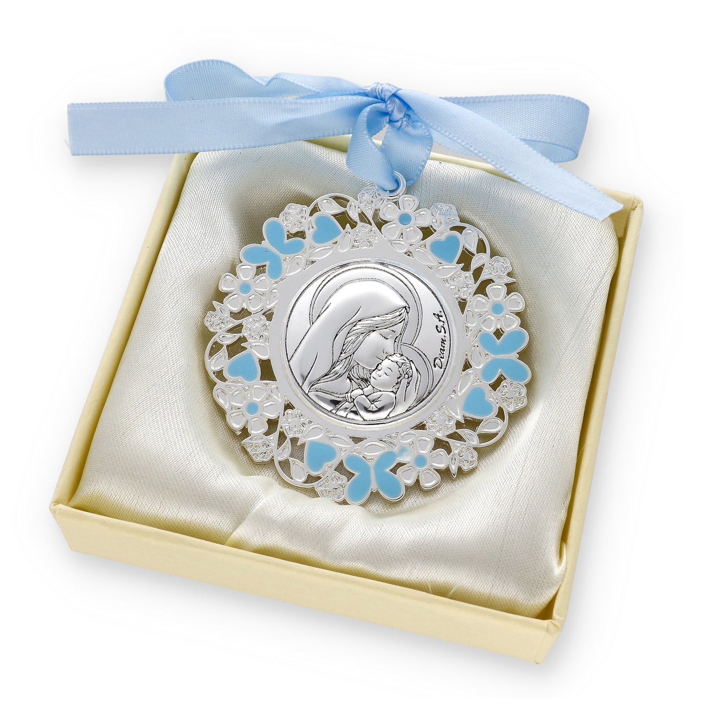 Medalla de Cuna Baño de Plata con esmaltado Azul Virgen con Niño