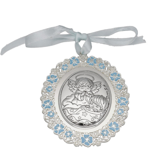 Medalla de Cuna Baño de Plata con esmaltado Azul Niño y Ángel de la Guarda